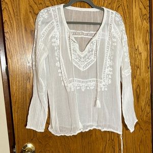 Lucky Brand sheer embroidered white blouse